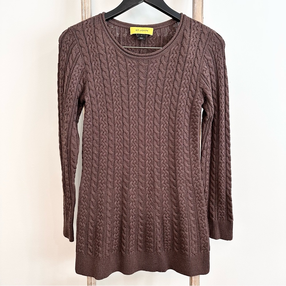 St. John Brown Wool Blend Cable Knit Sweater, Size 2